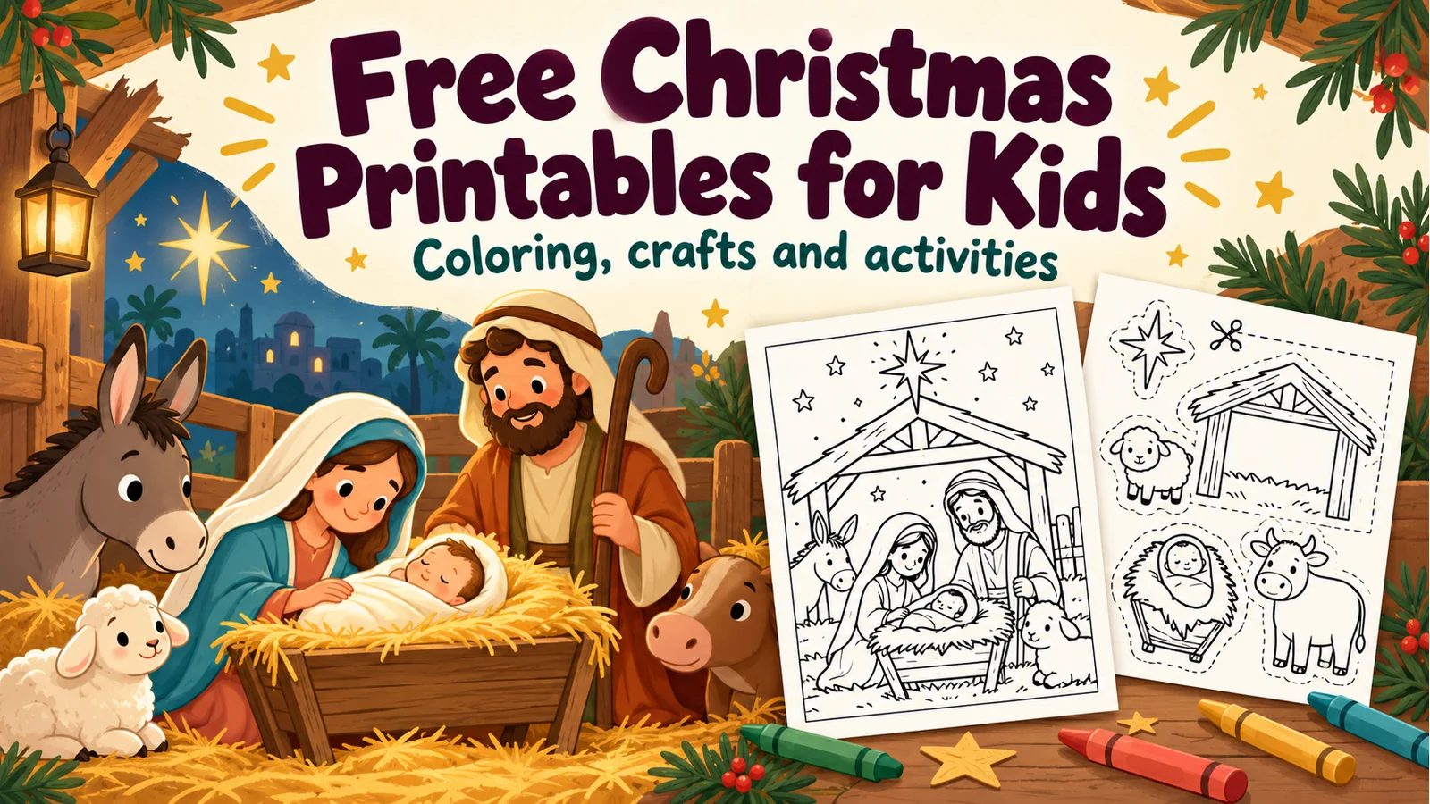 Cartoon christmas printables banner with black-and-white printable previews