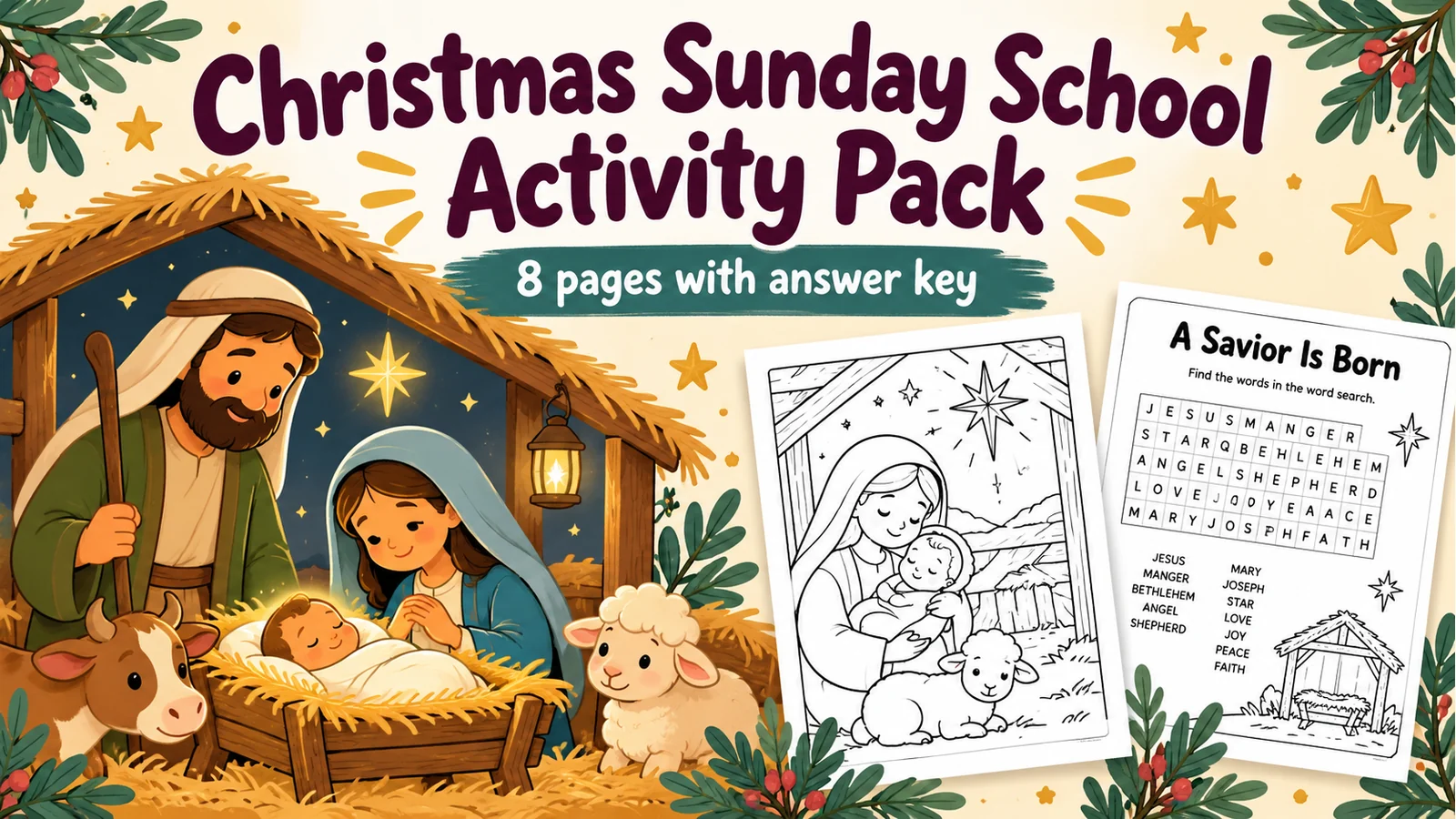 Cartoon christmas sunday school activity pack banner with black-and-white printable previews