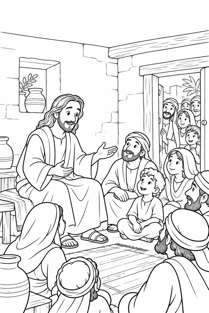 Jesus teaches in a crowded house