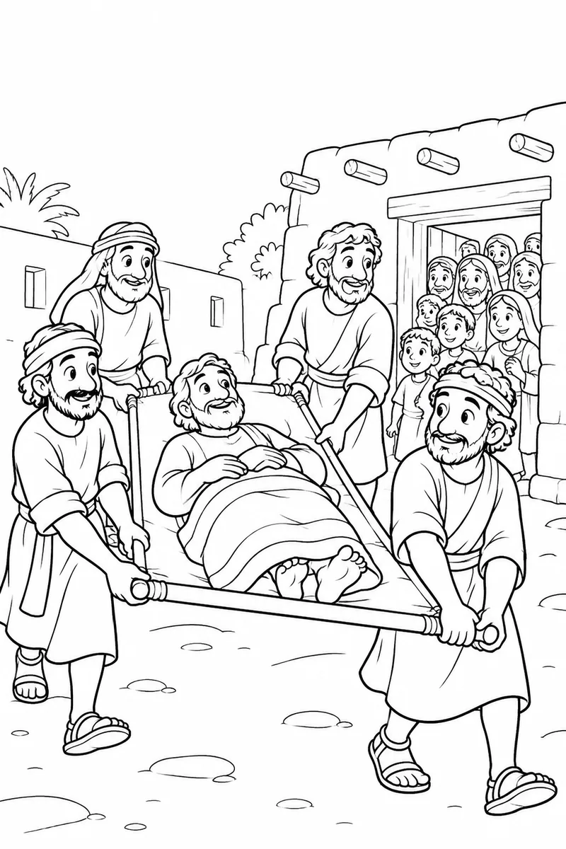 Four people carry the mat