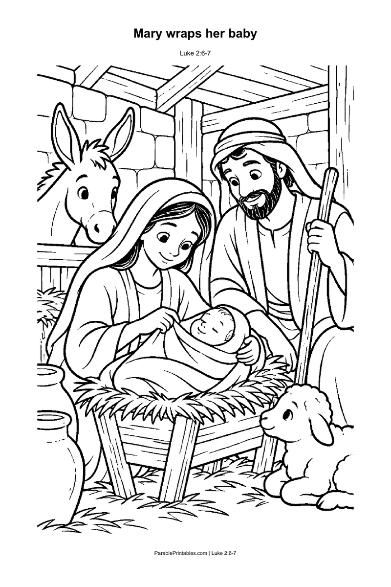 Mary wraps her baby