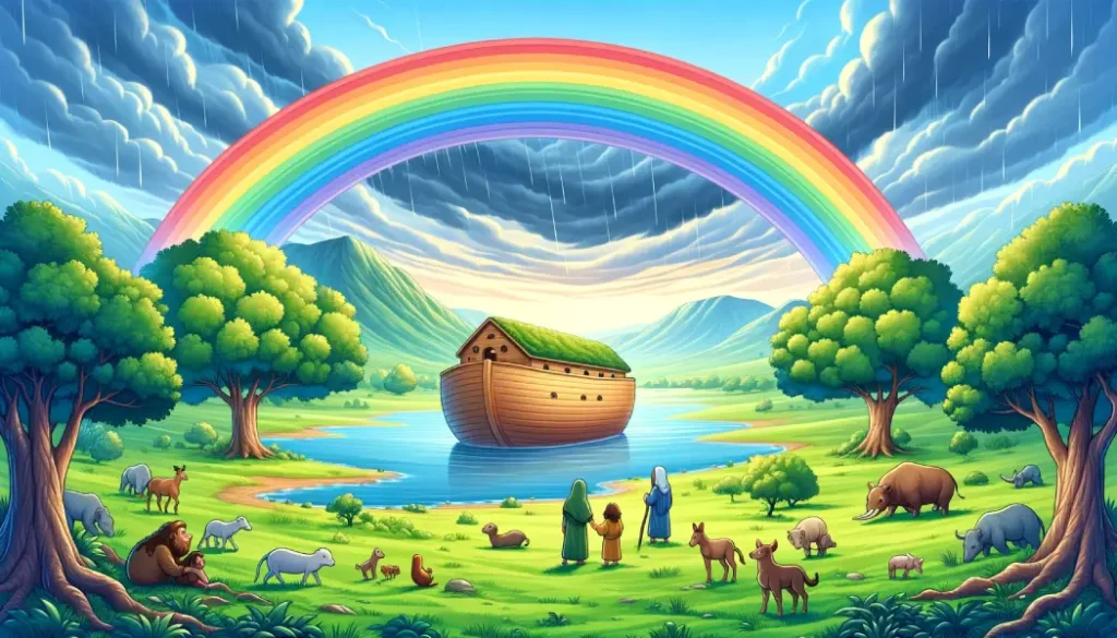 Noah and the Flood Kids Story 4 A rainbow appear in the sky after Noahs flood