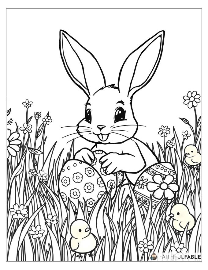 Easter Egg Rabbit Surrounded By Flowers And Chicks